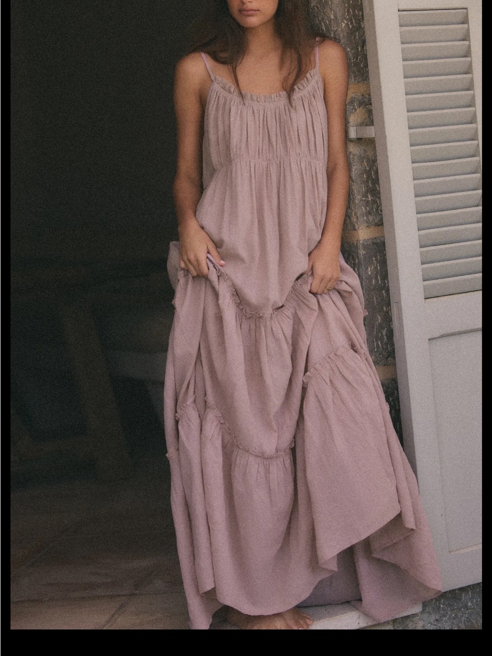 Zara long ruffled gauze dress. Spaghetti Strap Tiered Maxi Dress in Dusty Mauve